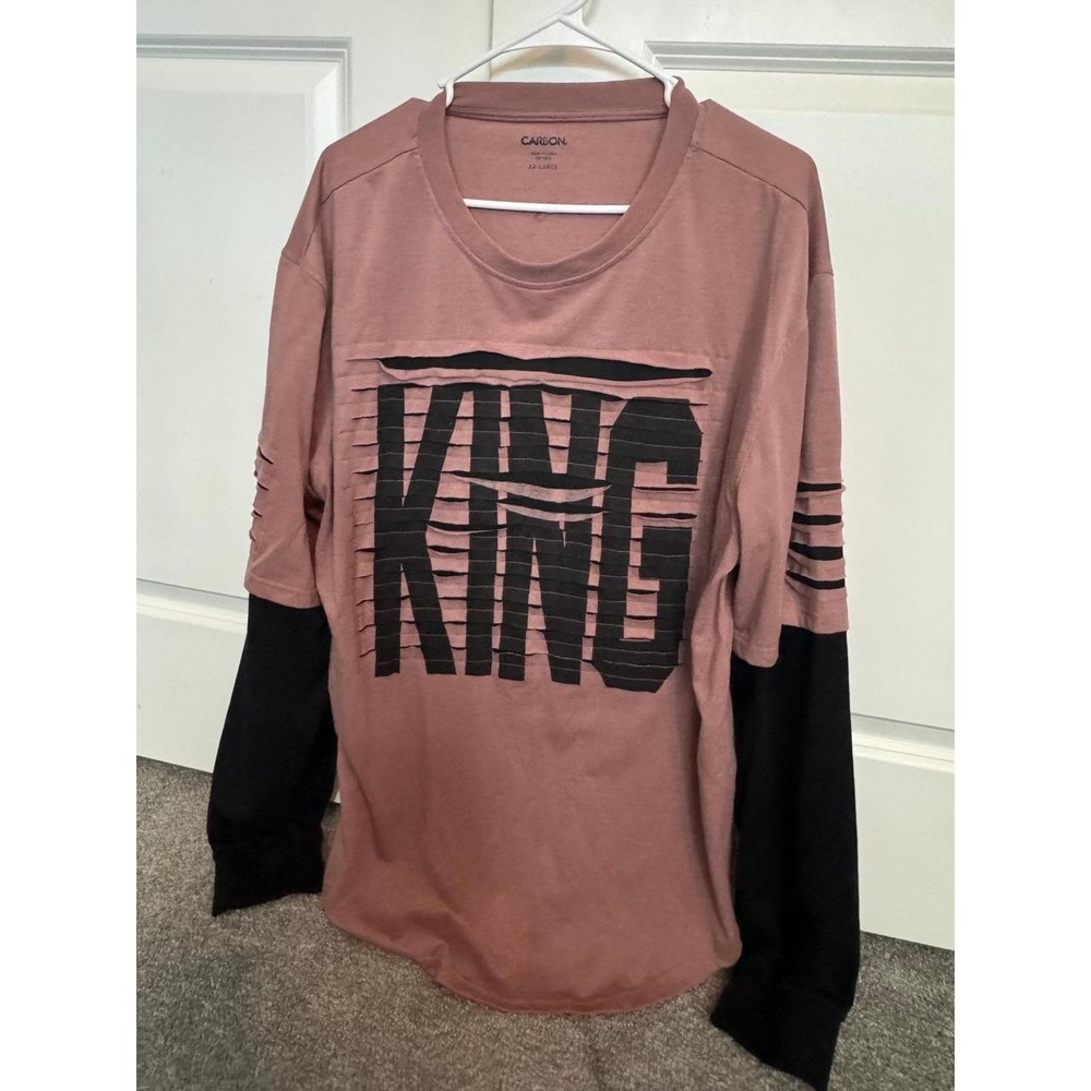 Carbon Mens XXL Long Sleeve Distressed King Graphic Layered Shirt Mauve Black